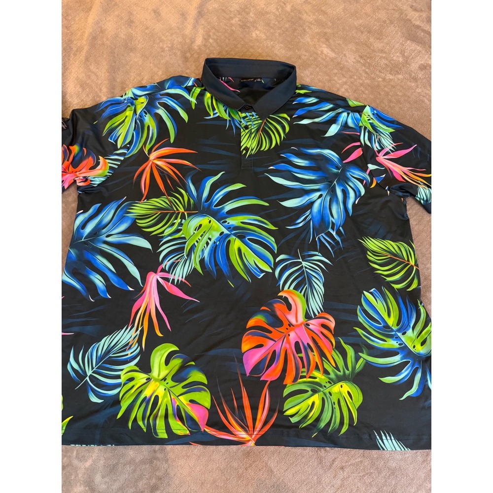 Sunday Swagger Mens 4XL Golf Polo Shirt Tropical Monstera Leaf Print Black Neon